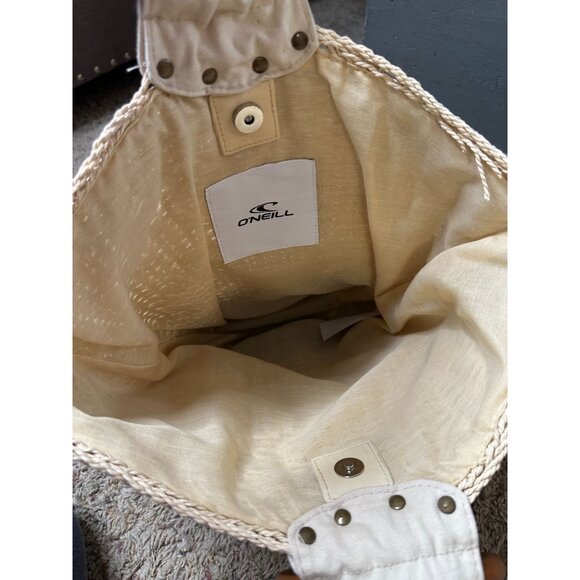 ONeill Womens Woven Straw Tote Bag Wooden Handles Beige/Navy/Brown Beach Design - Picture 4 of 7